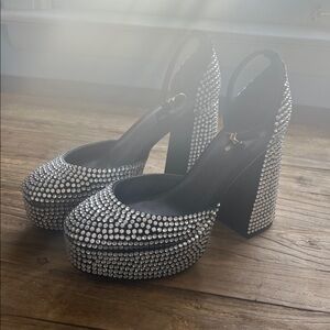 Larroude Black Platform Block Heels with Silver Crystals